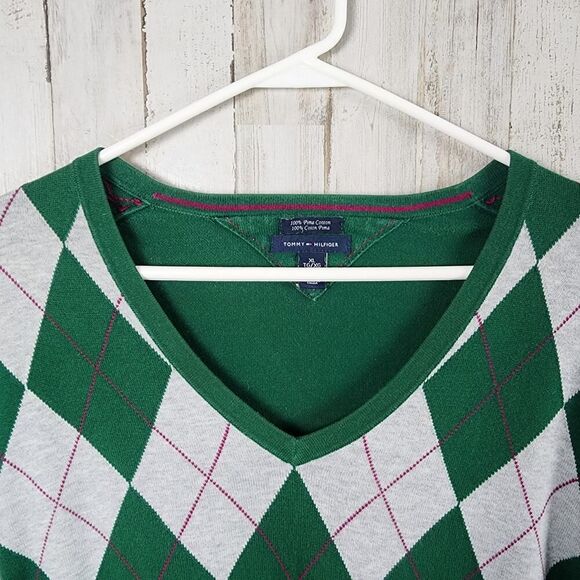 Tommy Hilfiger Argyle V-neck Sweater Green Size XL - Picture 6 of 9